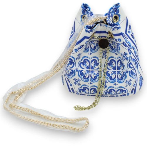 Eco-leather sack backpack, h 17 x 22 cm approx. Sicilian blue majolica decoration, white background - 