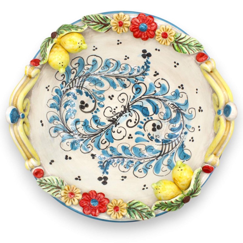 Centre de table Coupe à fruits, céramique de Caltagirone, Ø 37 cm environ. '600 Décoration bleue - applications de fleur
