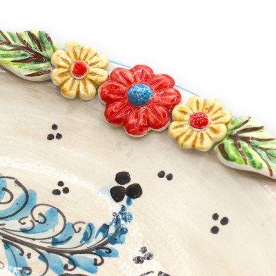 Fruktskål i mitten, Caltagirone keramik, Ø 37 cm ca. '600 Blå dekoration - blommor och citronapplikationer - 