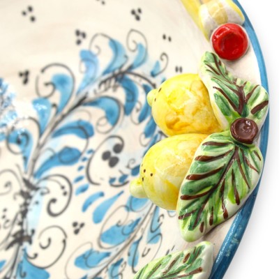 Fruktskål i mitten, Caltagirone keramik, Ø 37 cm ca. '600 Blå dekoration - blommor och citronapplikationer - 