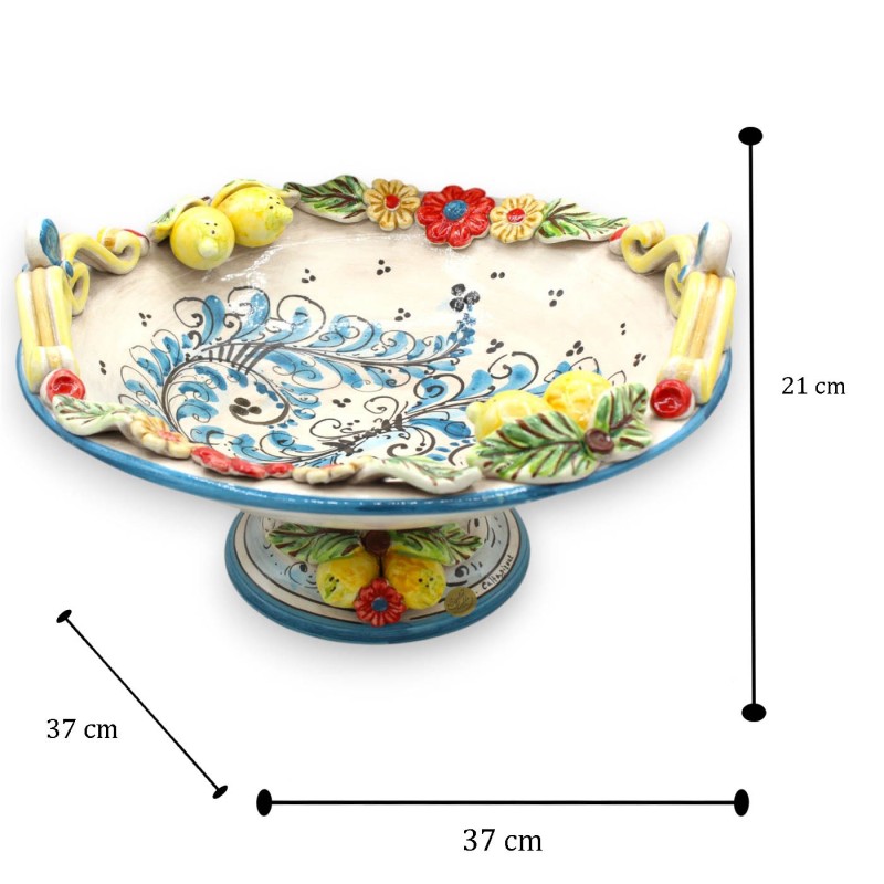 Fruktskål i mitten, Caltagirone keramik, Ø 37 cm ca. '600 Blå dekoration - blommor och citronapplikationer - 