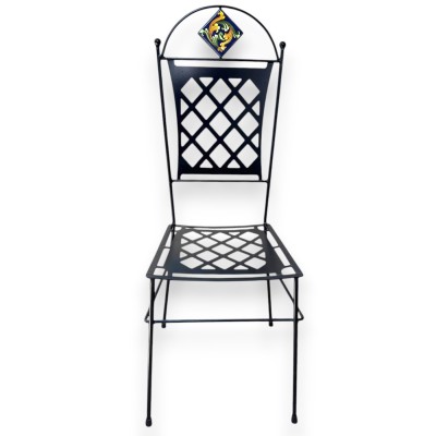 Chaise artisanale en fer forgé intégral, avec majolique en céramique de Caltagirone - h 171x42x42 cm environ. Décoration