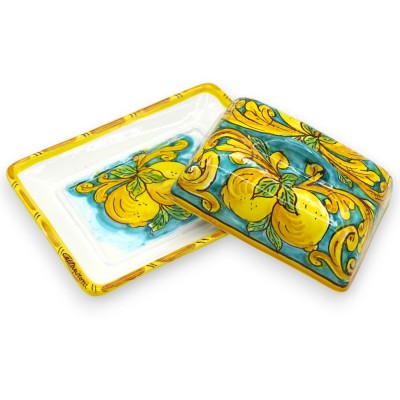 Butterdose aus Keramik von Caltagirone, ca. L 18 x 14 cm. Barockdekor und Zitronen - 