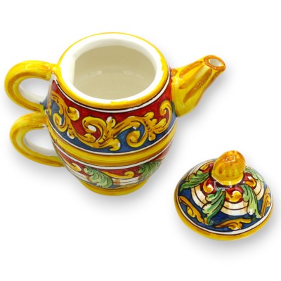 Teekanne aus drei Teilen, Caltagirone-Keramik, ca. 18 cm hoch. Barocke Dekoration, Blätter, blauer und roter Hintergrund