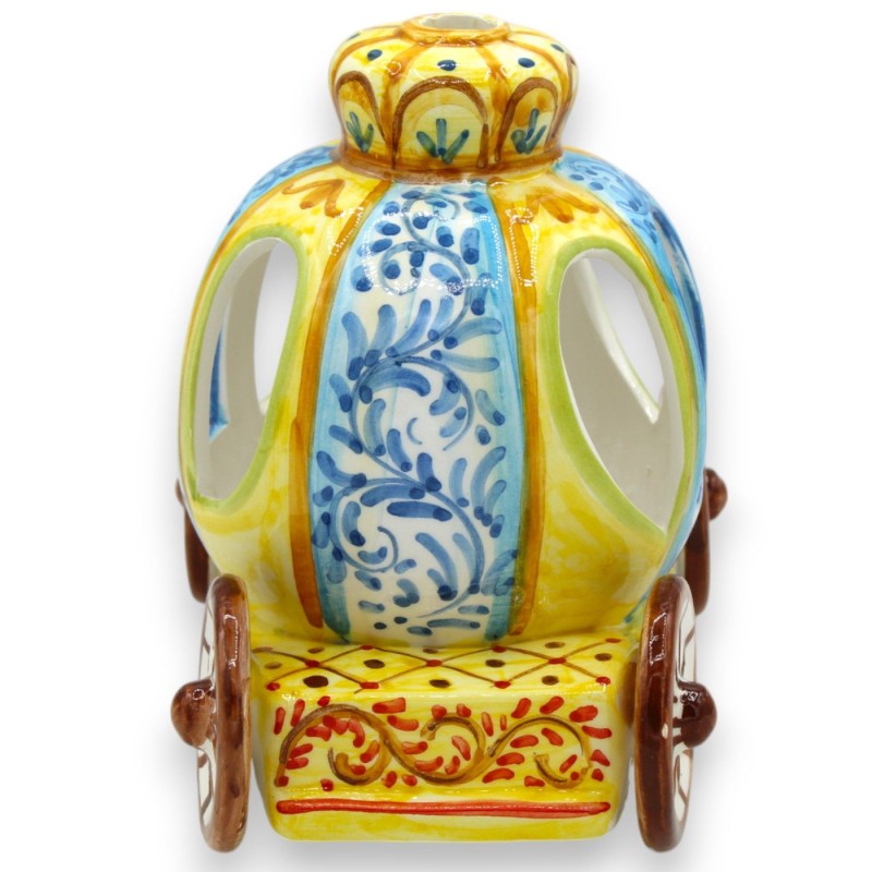 Askungens vagn värmeljusstake, Caltagirone keramik, höjd 14 x 16 cm ca. turkos och gul bakgrund - 