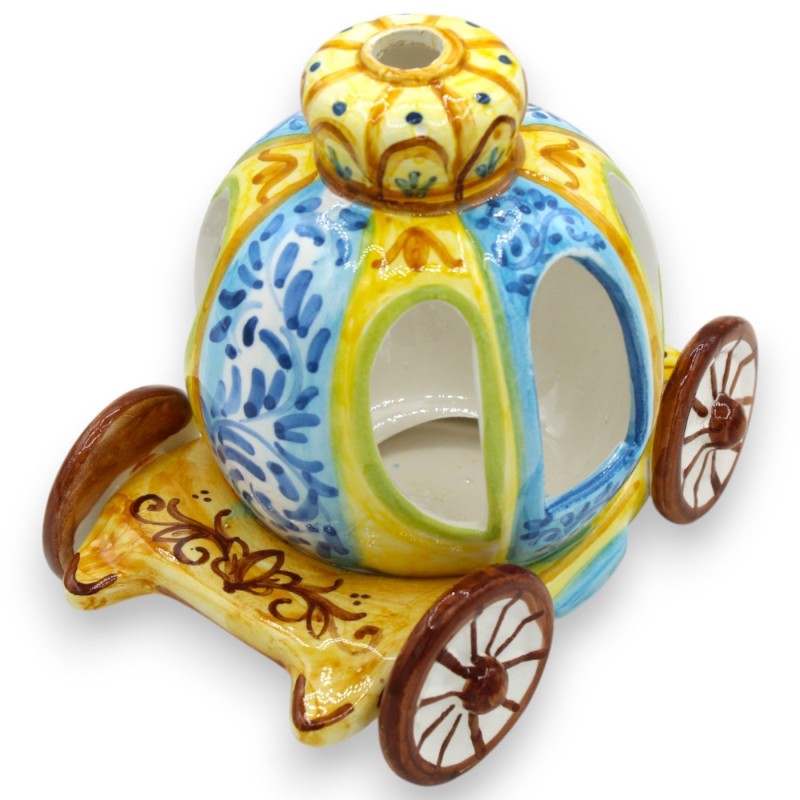Askungens vagn värmeljusstake, Caltagirone keramik, höjd 14 x 16 cm ca. turkos och gul bakgrund - 