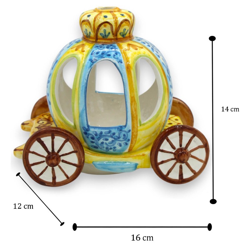 Askungens vagn värmeljusstake, Caltagirone keramik, höjd 14 x 16 cm ca. turkos och gul bakgrund - 