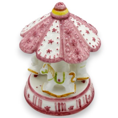 Giostra con cavalli a dondolo, ceramica Caltagirone, h 14 x 10 cm ca. fondo Rosa e Bianco - 
