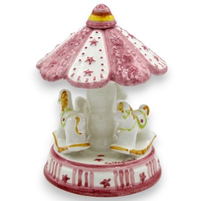 Draaimolen met schommelpaarden, keramiek Caltagirone, ca. h 14 x 10 cm Roze en witte achtergrond - 