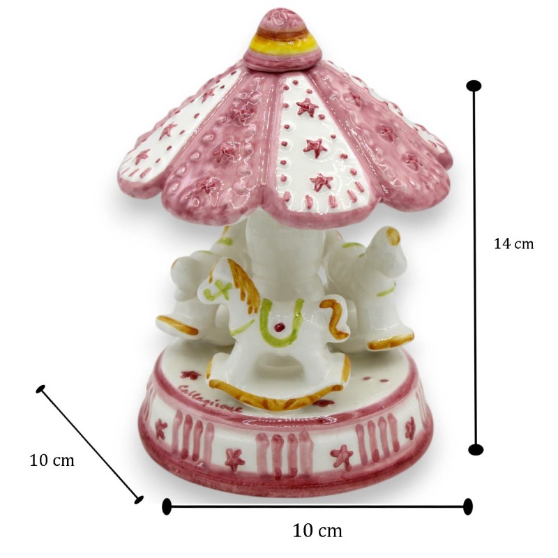 Draaimolen met schommelpaarden, keramiek Caltagirone, ca. h 14 x 10 cm Roze en witte achtergrond - 