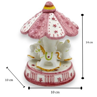Giostra con cavalli a dondolo, ceramica Caltagirone, h 14 x 10 cm ca. fondo Rosa e Bianco - 