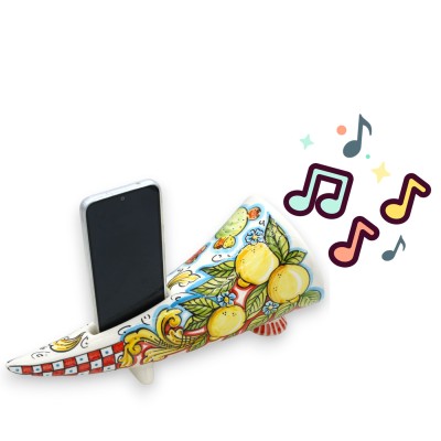 Amplificador de som de buzina para smartphone, cerâmica Caltagirone, C 34 x 16 cm aprox. decoração de limão e pera espin