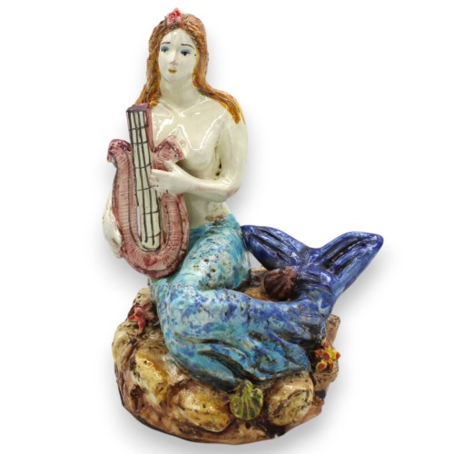 Sirena con Cetra su Scoglio, ceramica Caltagirone - h 18 x 13 cm ca. decori in rilievo - 