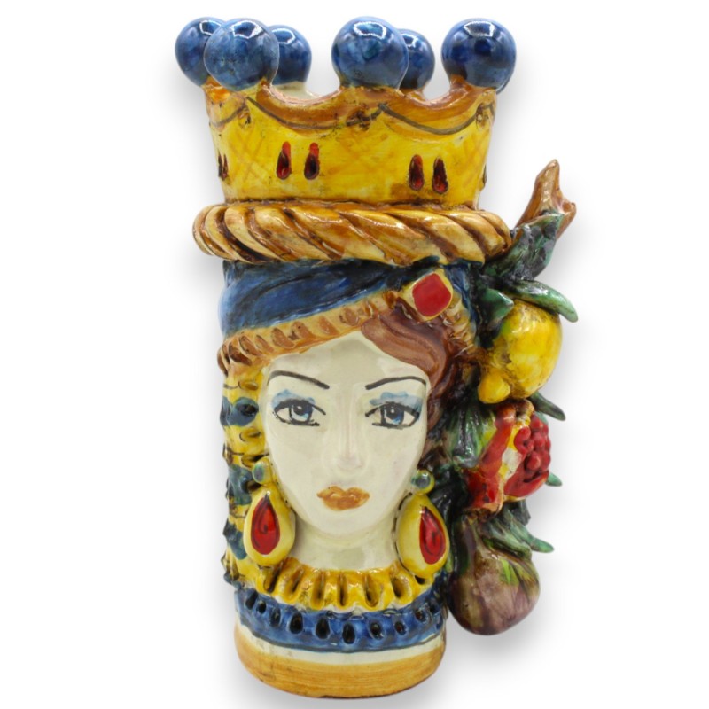 Cabeça de Janus Bifrons com duas faces em cerâmica de Caltagirone, altura 18 cm aprox. Coroa, trança e fruto, fundo azul