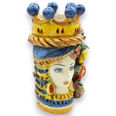 Cabeça de Janus Bifrons com duas faces em cerâmica de Caltagirone, altura 18 cm aprox. Coroa, trança e fruto, fundo azul