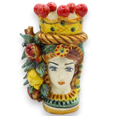 Janus Bifrons head with two faces in Caltagirone ceramic, h 18 cm approx. Crown, braid and fruit, green background - 