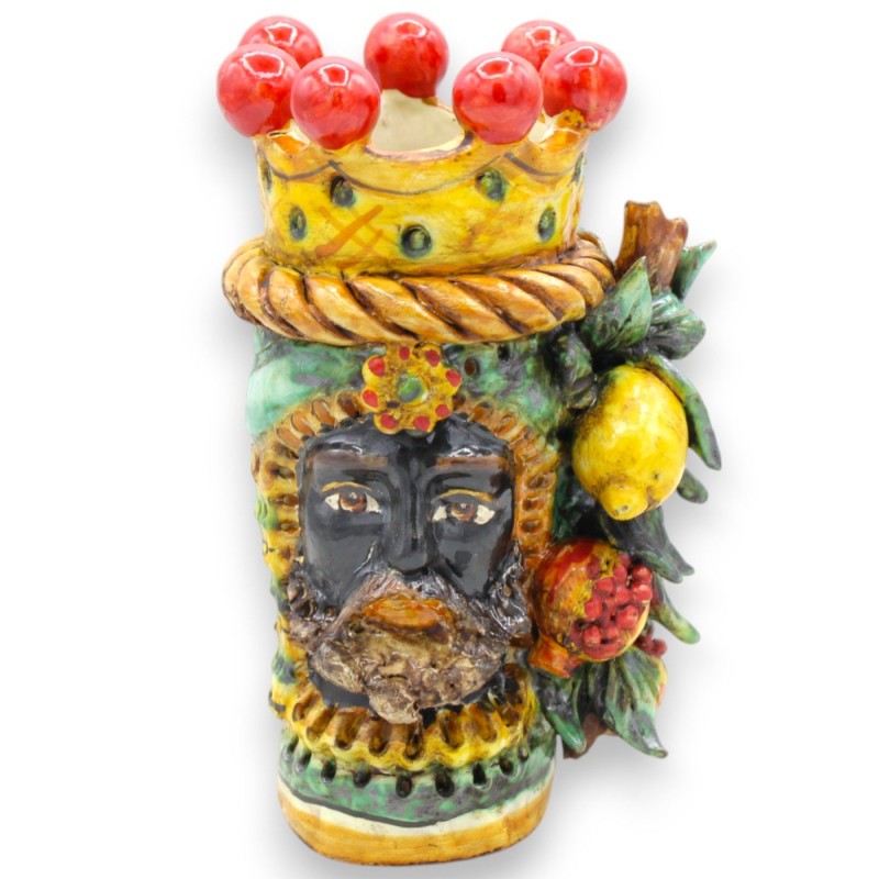 Janus Bifrons head with two faces in Caltagirone ceramic, h 18 cm approx. Crown, braid and fruit, green background - 