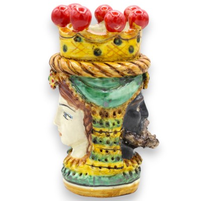 Janus Bifrons head with two faces in Caltagirone ceramic, h 18 cm approx. Crown, braid and fruit, green background - 