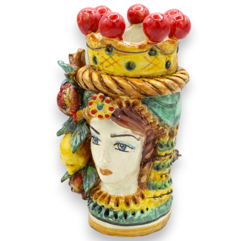 Janus Bifrons head with two faces in Caltagirone ceramic, h 18 cm approx. Crown, braid and fruit, green background - 