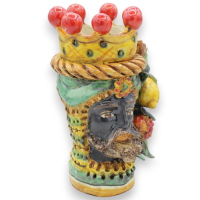 Janus Bifrons head with two faces in Caltagirone ceramic, h 18 cm approx. Crown, braid and fruit, green background - 