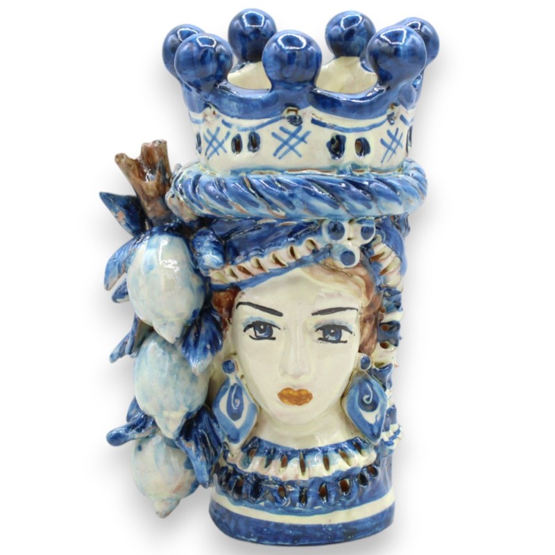 Jano Bifrons, cabeza bifacial, cerámica de Caltagirone, altura aprox. 18 cm. Corona, trenza y limones MD4. - 