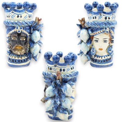 Jano Bifrons, cabeza bifacial, cerámica de Caltagirone, altura aprox. 18 cm. Corona, trenza y limones MD4. - 