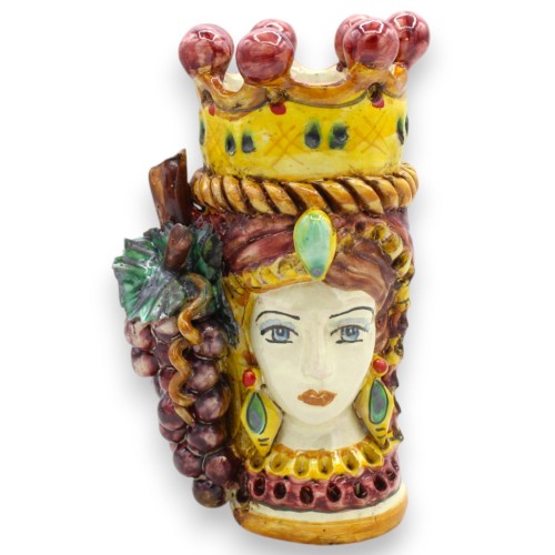 Giano Bifronte, testa con due volti, ceramica Caltagirone, h 18 cm ca. Corona, treccia e Uva, fondo Bordeaux MD5 -  2