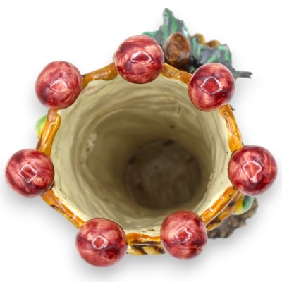 Janus Bifrons, Kopf mit zwei Gesichtern, Keramik aus Caltagirone, Höhe ca. 18 cm, Krone, Zopf und Trauben, Hintergrund B