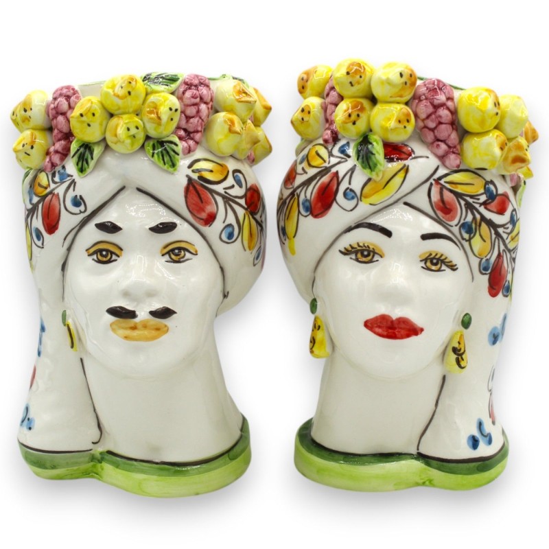 Sicilianska moriska huvuden (par) h 20/22 cm ca. Caltagirone keramik, citron- och druvkrona, bladdekoration - 