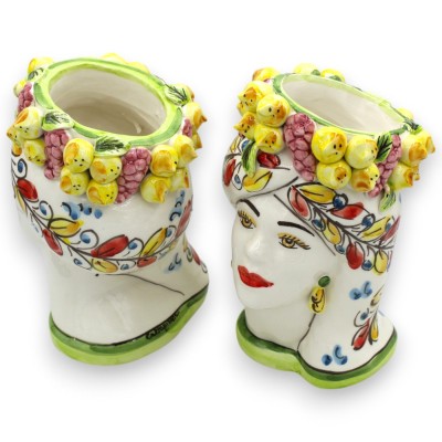 Sicilianska moriska huvuden (par) h 20/22 cm ca. Caltagirone keramik, citron- och druvkrona, bladdekoration - 