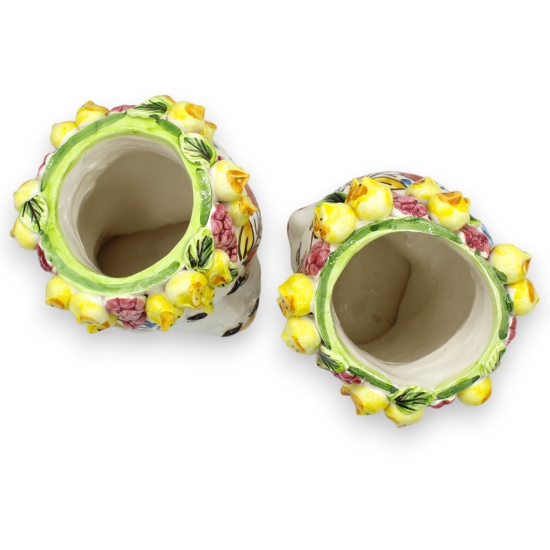Sicilianska moriska huvuden (par) h 20/22 cm ca. Caltagirone keramik, citron- och druvkrona, bladdekoration - 