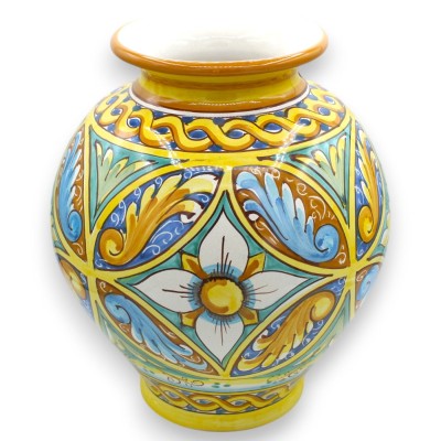Vase a Boccia, h 30 x 27 cm approx. Caltagirone ceramic, baroque, geometric, braid and flower decoration - 