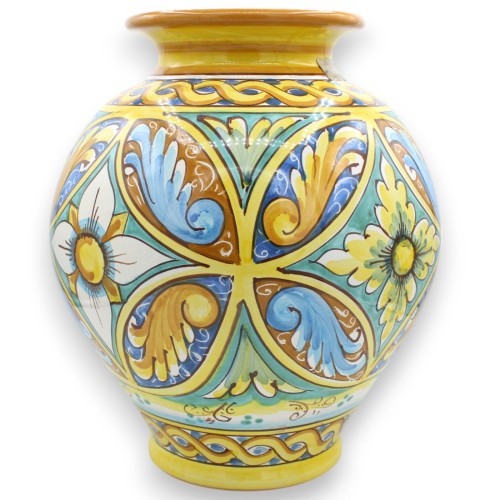 Vase a Boccia, h 30 x 27 cm approx. Caltagirone ceramic, baroque, geometric, braid and flower decoration -  2