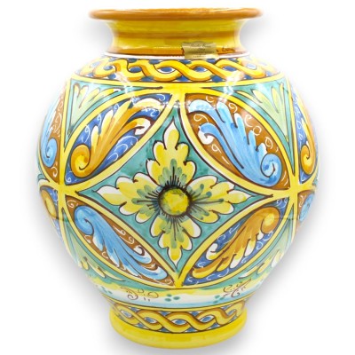 Vase a Boccia, h 30 x 27 cm approx. Caltagirone ceramic, baroque, geometric, braid and flower decoration - 