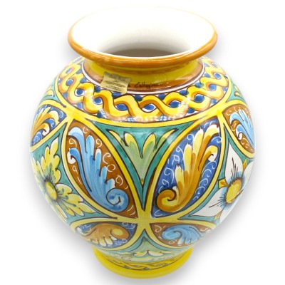 Vase a Boccia, h 30 x 27 cm approx. Caltagirone ceramic, baroque, geometric, braid and flower decoration - 