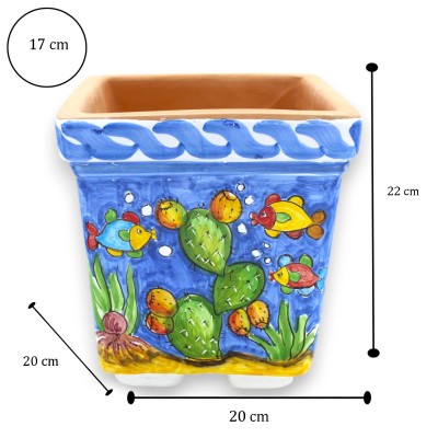 Cassetta vaso quadrata, in pregiata Ceramica Siciliana - h 22 x 20 cm ca. decoro treccia, paesaggio marino e pala di fic