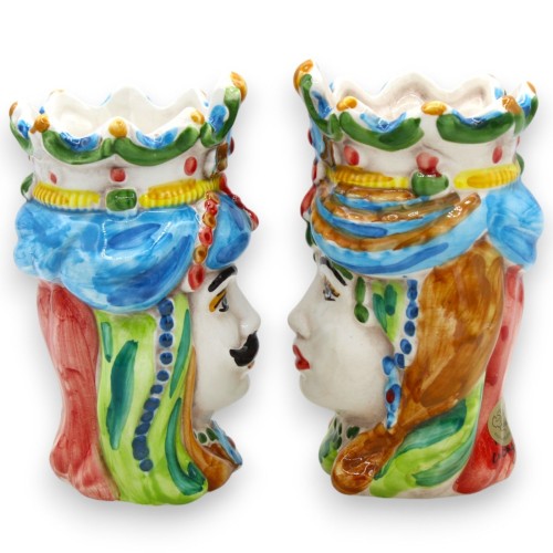 Par de cabeças castanhas escuras em cerâmica Caltagirone, h cerca de 13/14 cm. coroa e turbante MD15 -  2