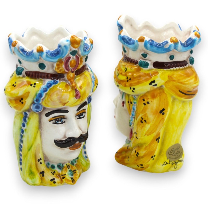 Par de cabeças castanhas escuras em cerâmica Caltagirone, h cerca de 13/14 cm. coroa e turbante MD13 - 