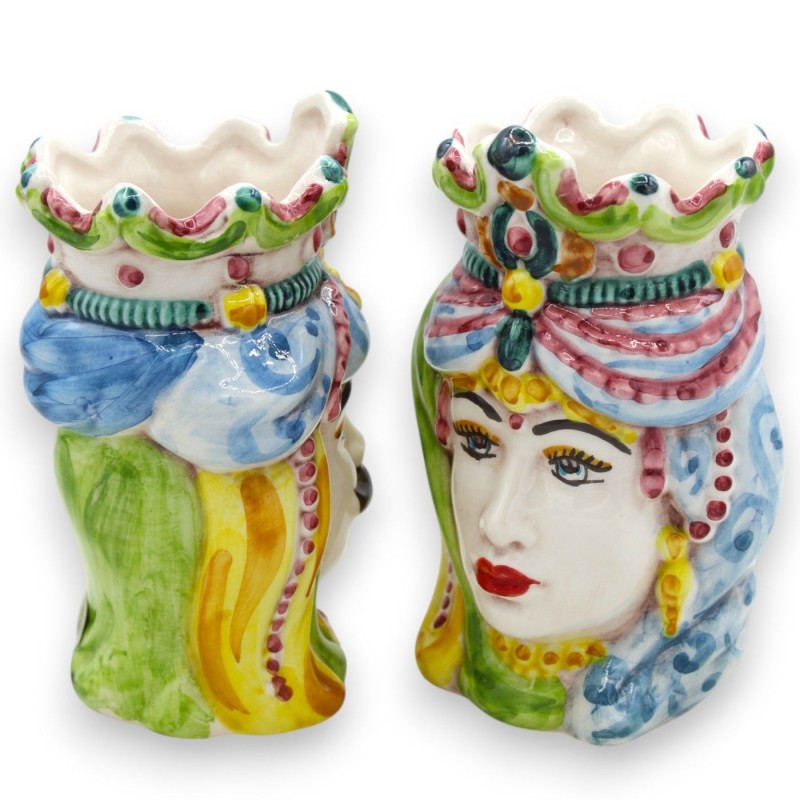 Sicilian Norman Moorish heads (pair) h 13 / 14 cm approx. Caltagirone ceramic MD2 - 