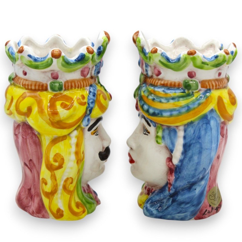 Pair of dark brown heads in Caltagirone ceramic, h approx. 13/14 cm. crown and turban MD16 - 