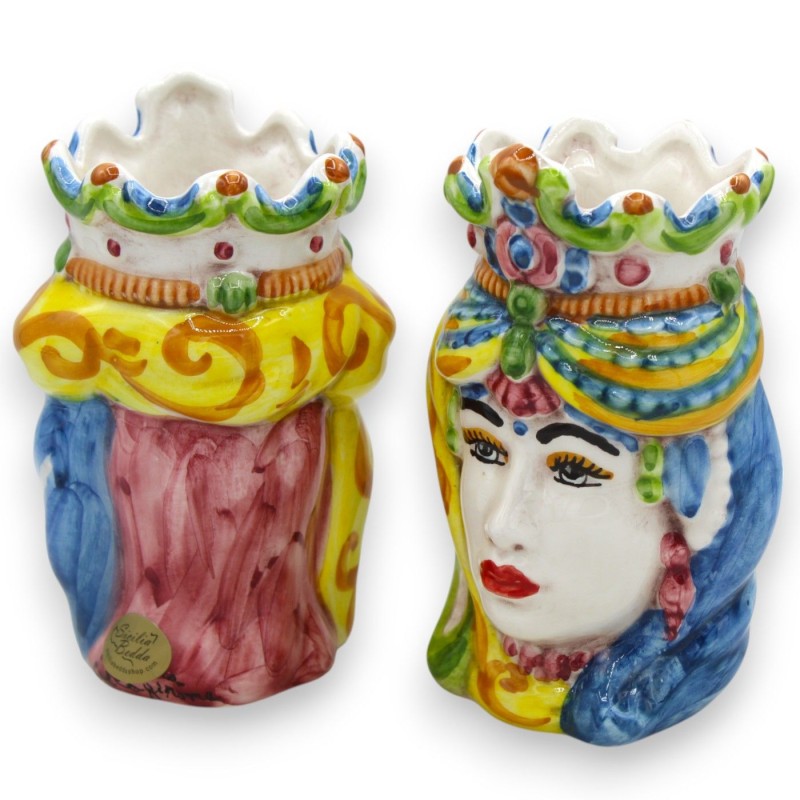 Pair of dark brown heads in Caltagirone ceramic, h approx. 13/14 cm. crown and turban MD16 - 