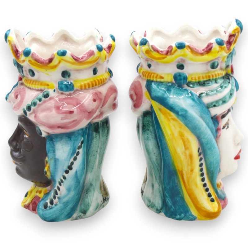 Siciliaanse Normandische Moorse hoofden (paar) h 13 / 14 cm ca. Caltagirone keramiek MD30 - 