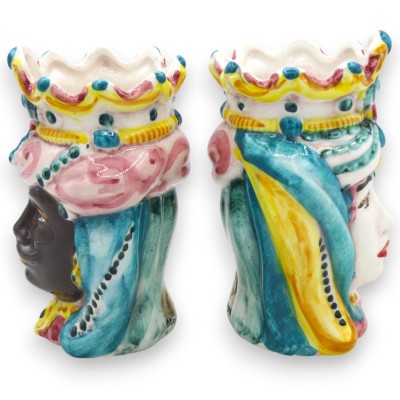 Siciliaanse Normandische Moorse hoofden (paar) h 13 / 14 cm ca. Caltagirone keramiek MD30 - 