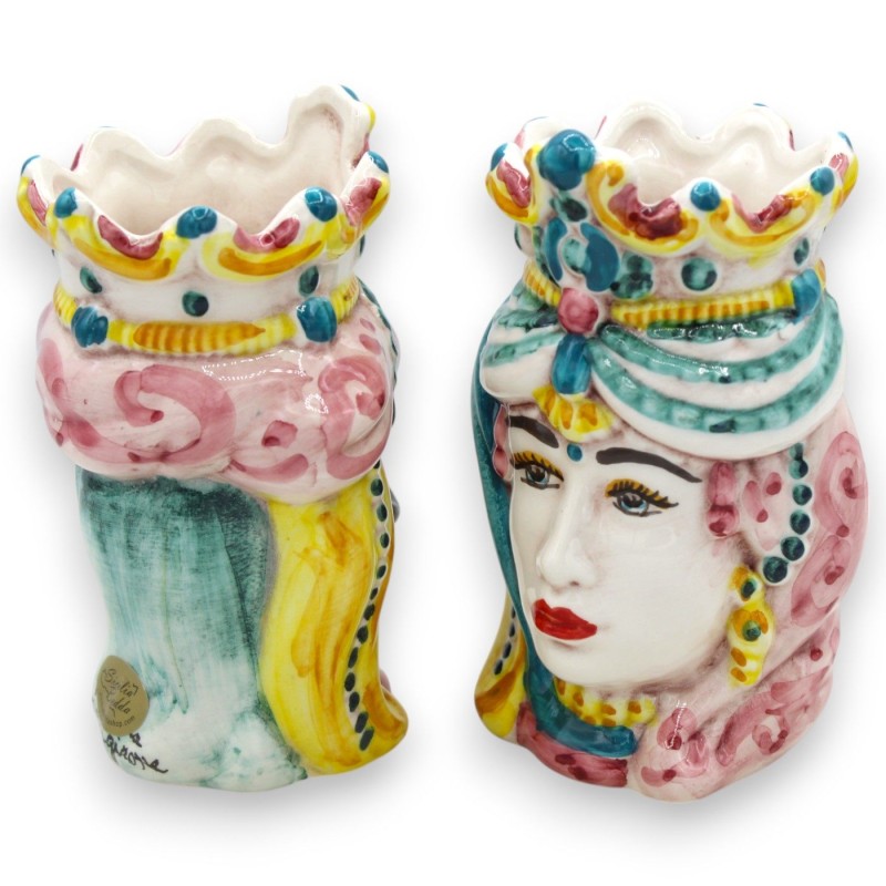 Sizilianische normannische Maurenköpfe (Paar) H 13/14 cm ca. Caltagirone Keramik MD30 - 