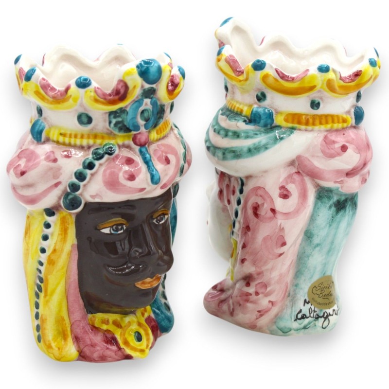 Sizilianische normannische Maurenköpfe (Paar) H 13/14 cm ca. Caltagirone Keramik MD30 - 