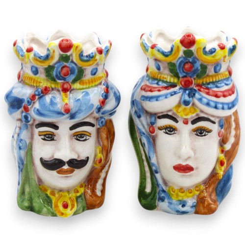 Siciliaanse Normandische Moorse hoofden (paar) h 13 / 14 cm ca. Caltagirone keramiek MD22