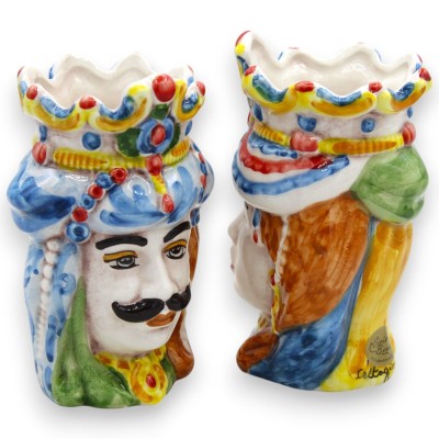 Sizilianische normannische Maurenköpfe (Paar) H 13 / 14 cm ca. Caltagirone Keramik MD22 - 