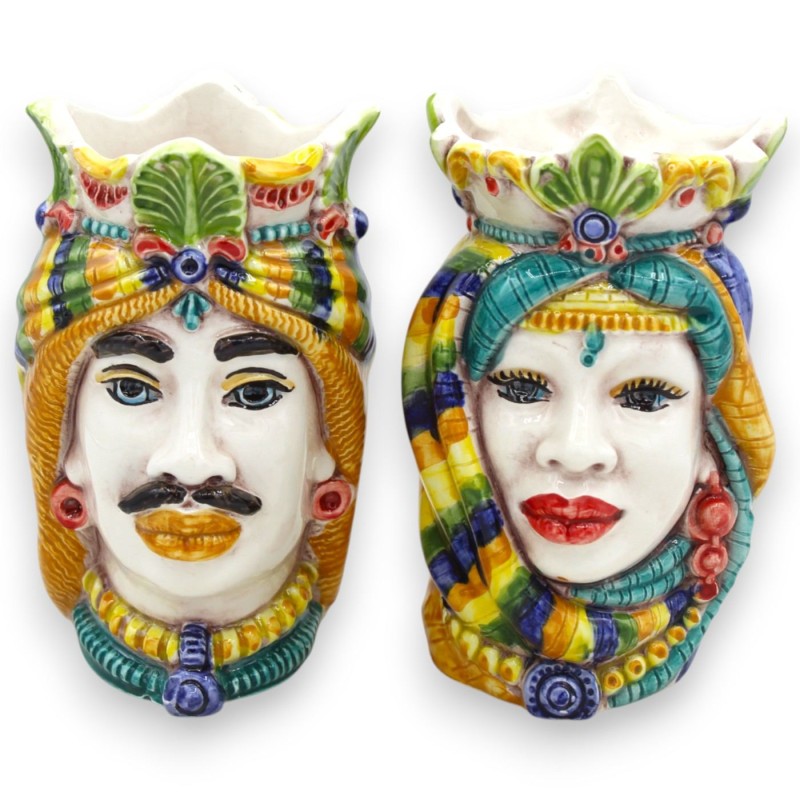 Cabezas de moro sicilianas con corona y turbante (par) de 13/14 cm de altura aprox. Cerámica de Caltagirone MD20 - 