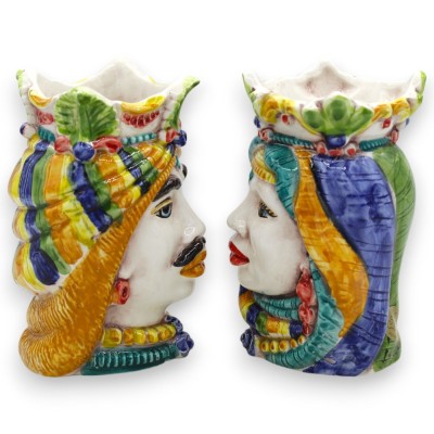Cabezas de moro sicilianas con corona y turbante (par) de 13/14 cm de altura aprox. Cerámica de Caltagirone MD20 - 