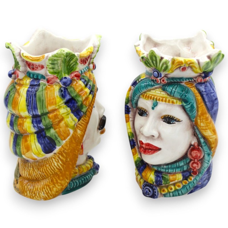 Cabezas de moro sicilianas con corona y turbante (par) de 13/14 cm de altura aprox. Cerámica de Caltagirone MD20 - 